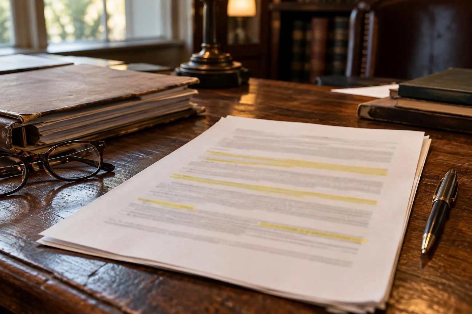 Attorney\u2019s office desk with a settlement funding contract and highlighted repayment terms.