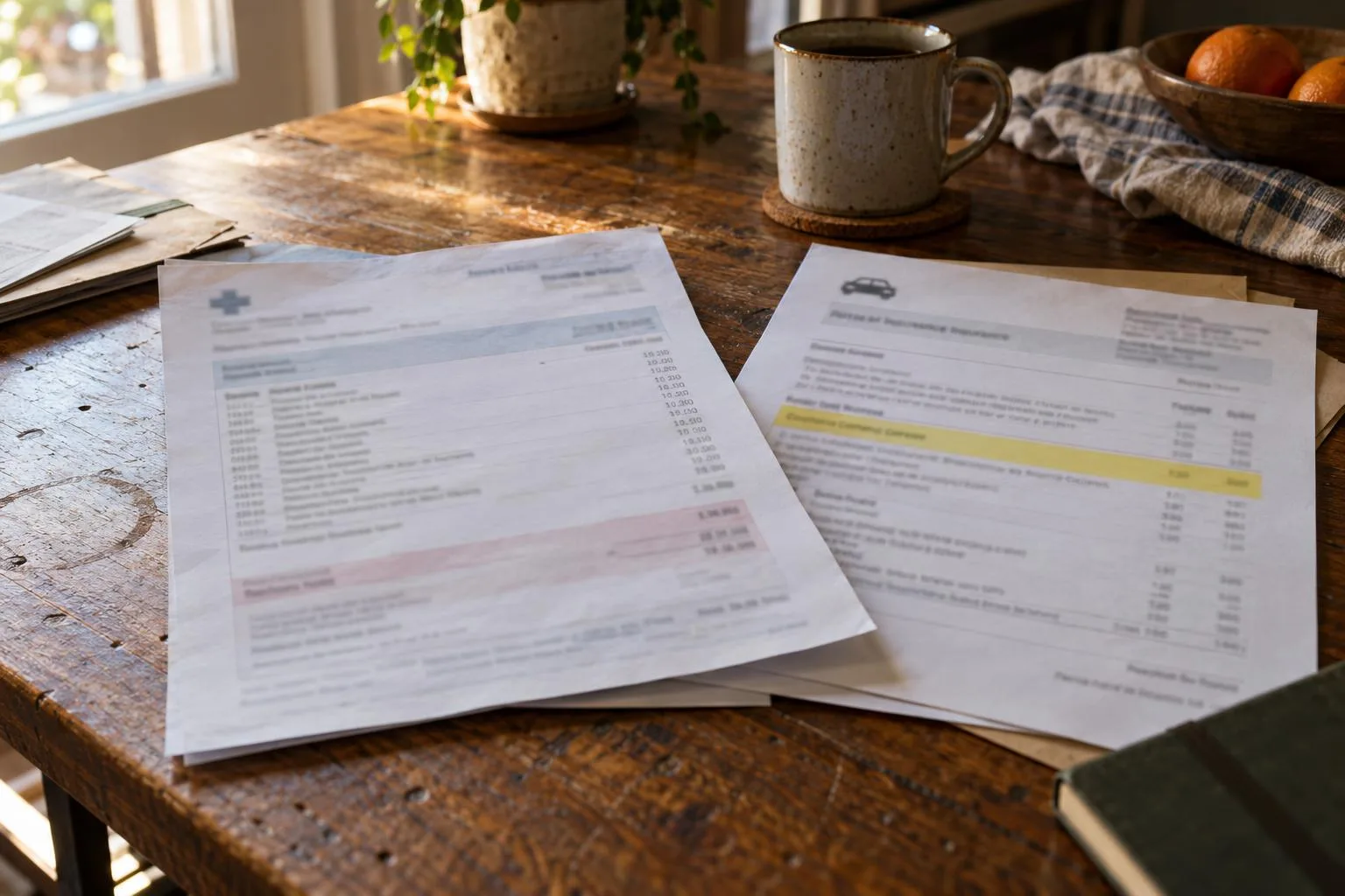 Emergency room billing statement beside an auto policy page highlighting Medical Payments coverage.