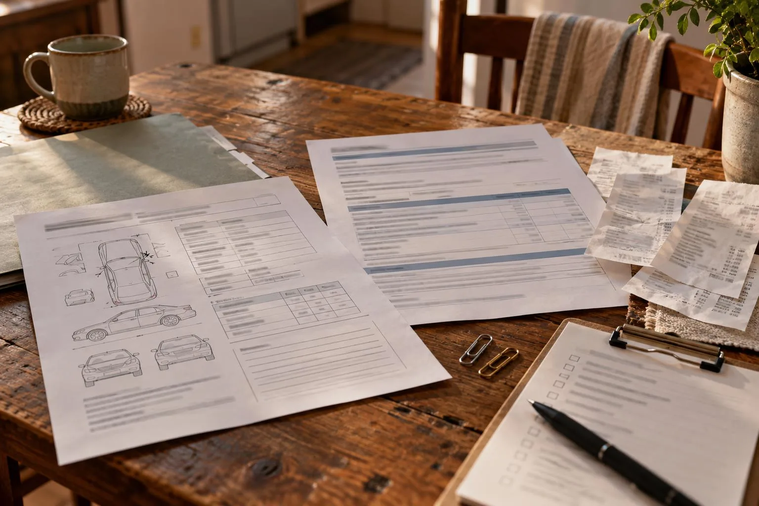 Dashboard accident checklist next to a PIP benefits summary and medical expense receipts.