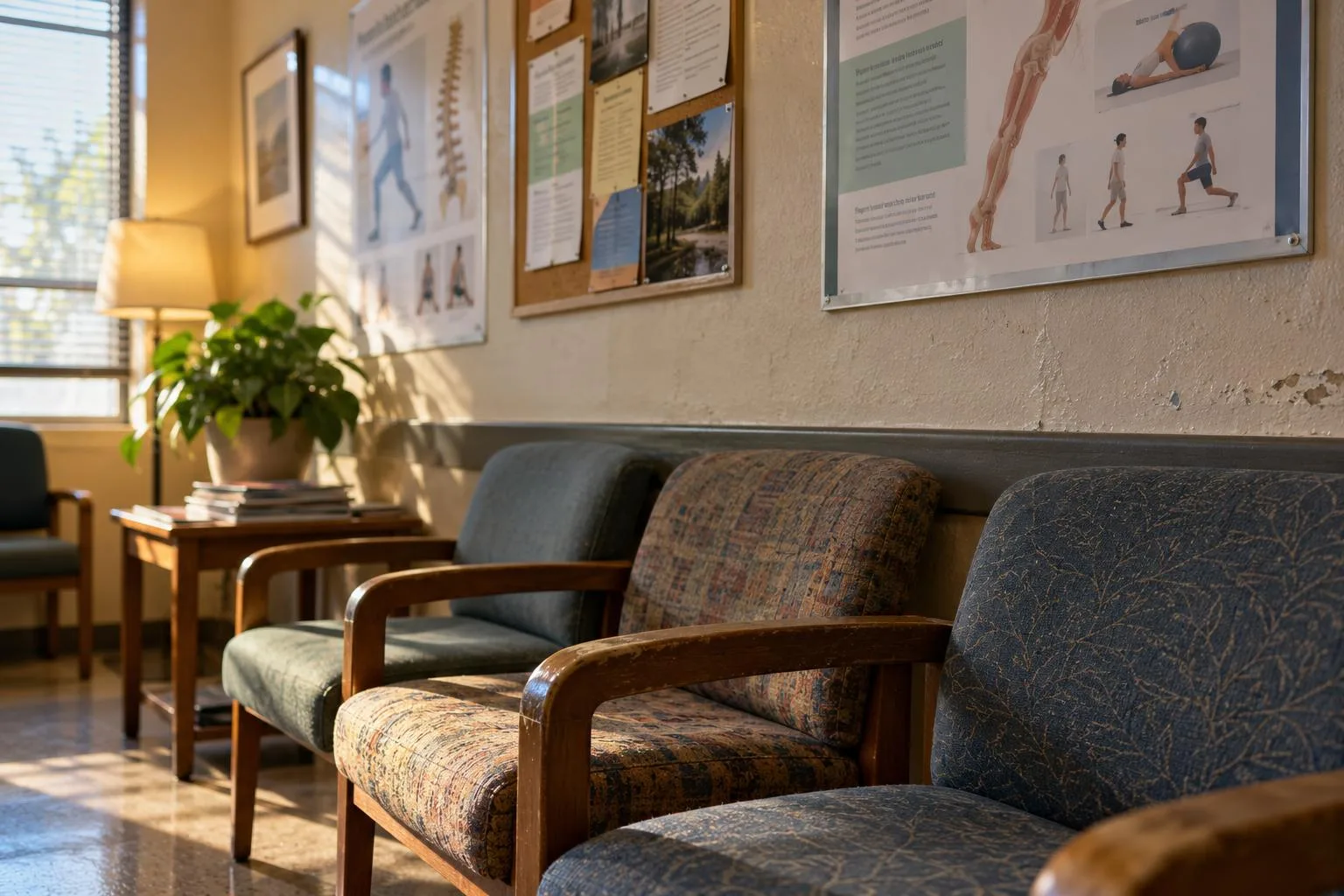 Hospital waiting-room wall displaying rehabilitation services, echoing broader Personal Injury Protection coverage.