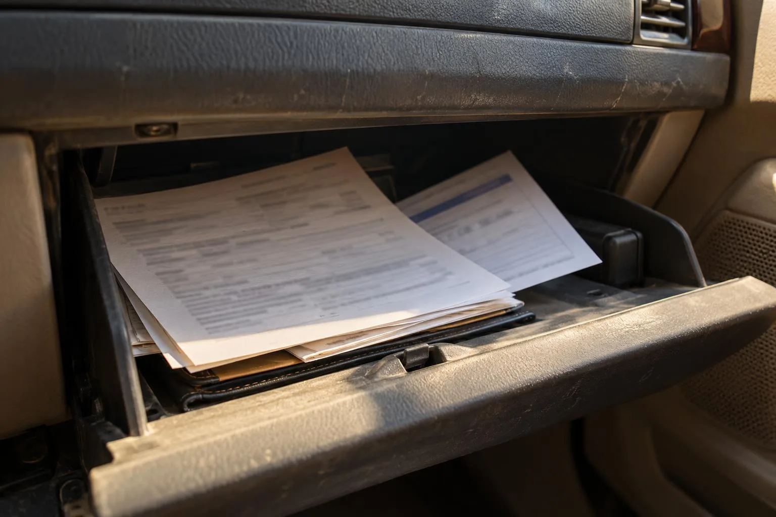 Car glove compartment holding state-required insurance documents and a Medical Payments endorsement.