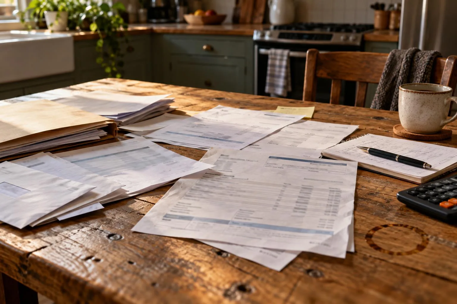 Kitchen table with wage-loss paperwork, therapy invoices, and a Personal Injury Protection claim form.