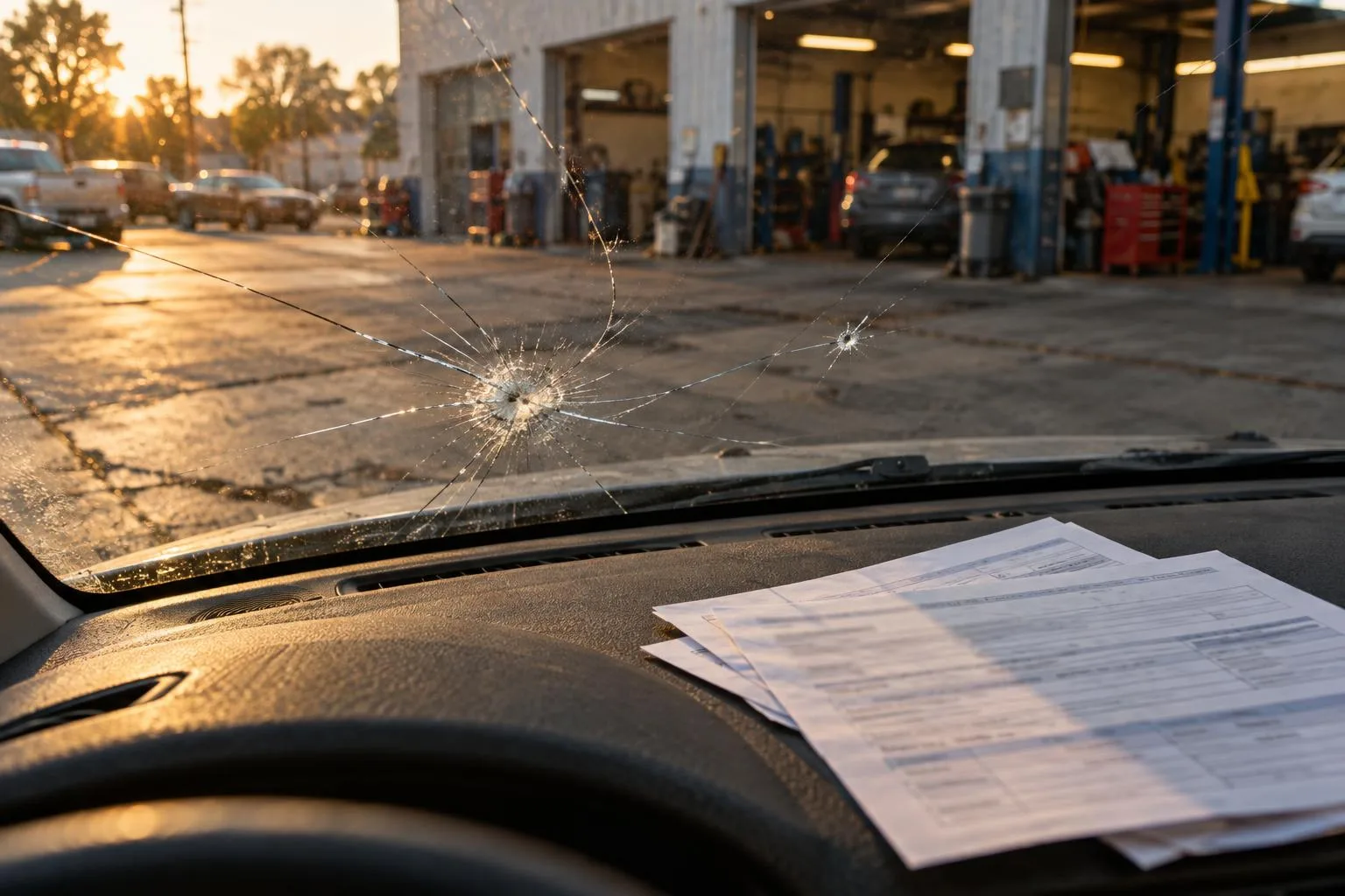 Auto repair shop parking lot with windshield damage and insurance claim documents on the dashboard.