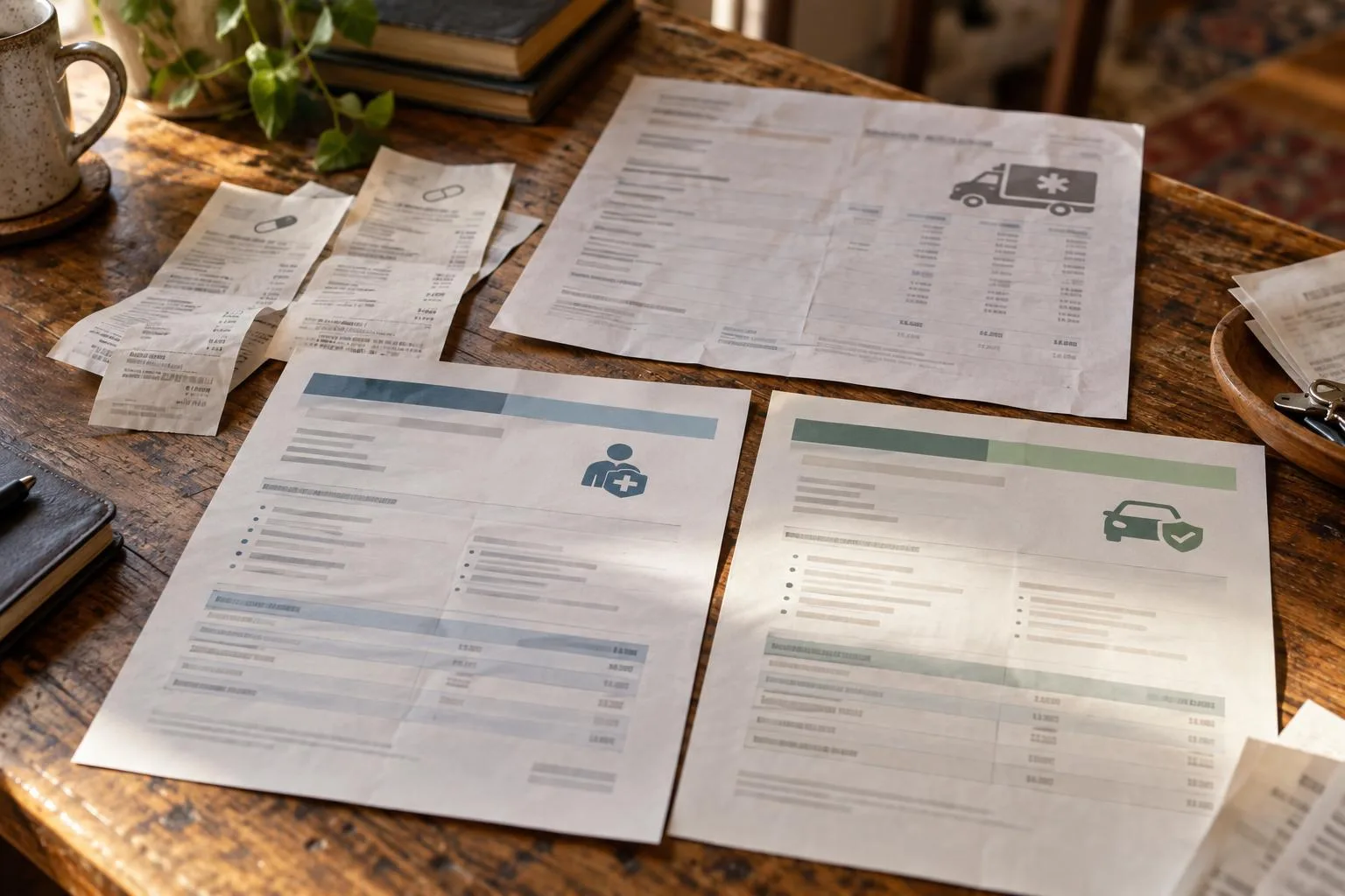 Pharmacy receipts and ambulance invoice arranged beside two contrasting auto insurance coverage summaries.