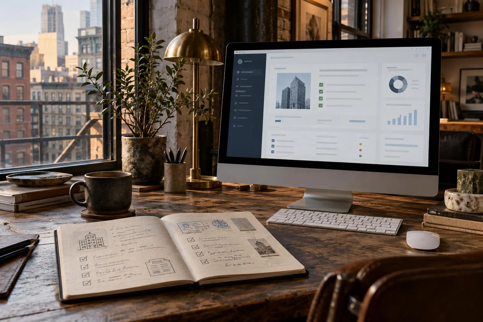 A home office monitor showing Tribeca Group\u2019s website beside a notebook labeled \u201cCompany identity verification.\u201d.