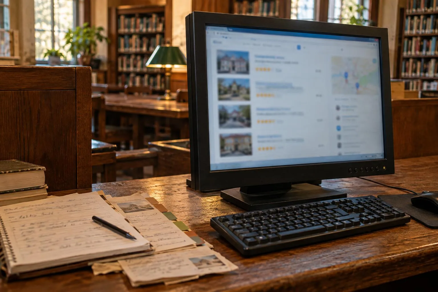 A library computer displaying Tribeca Group review searches beside notes separating similarly named businesses.