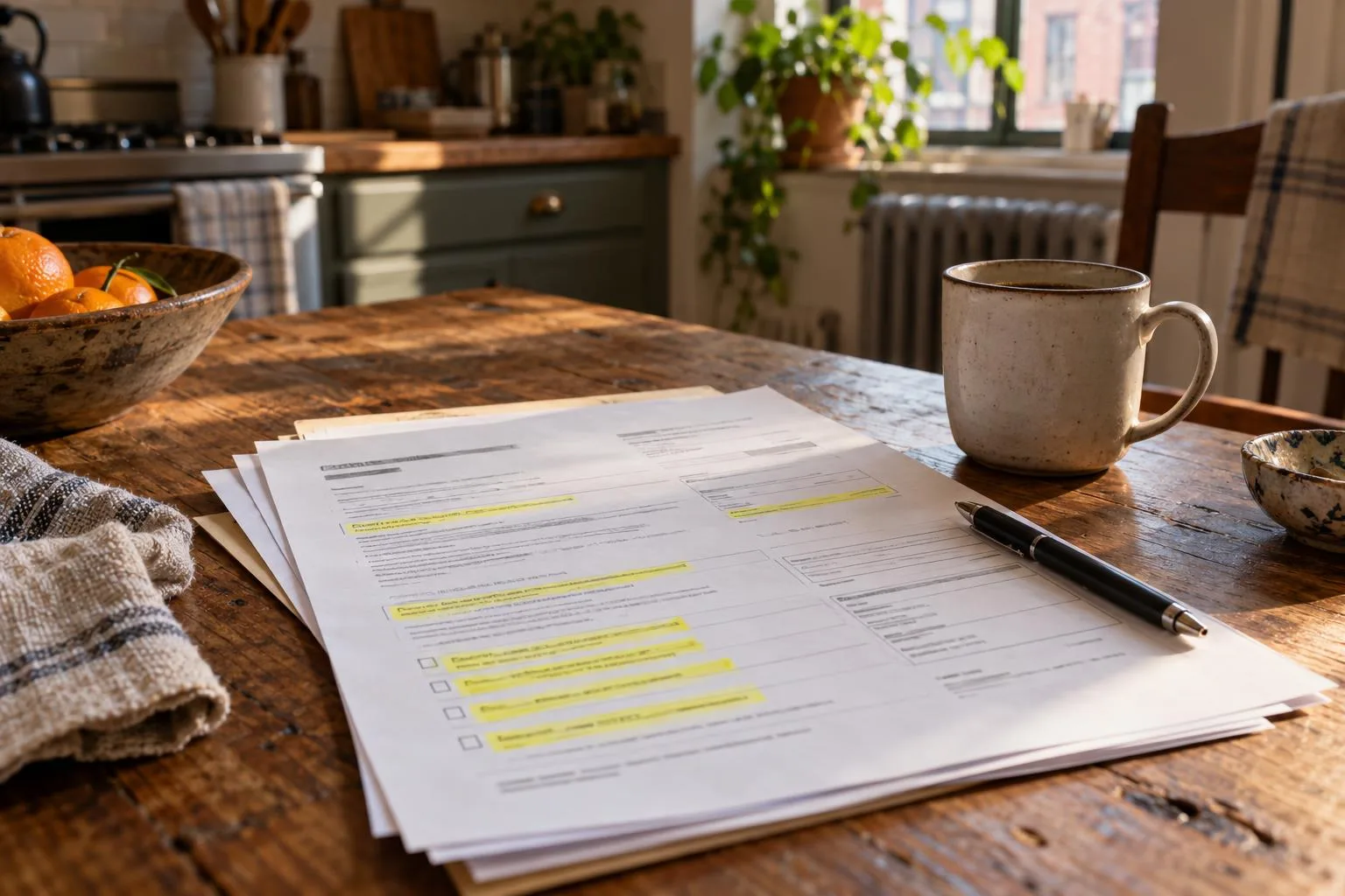 A kitchen table with a Tribeca Group financing proposal beside highlighted repayment questions.