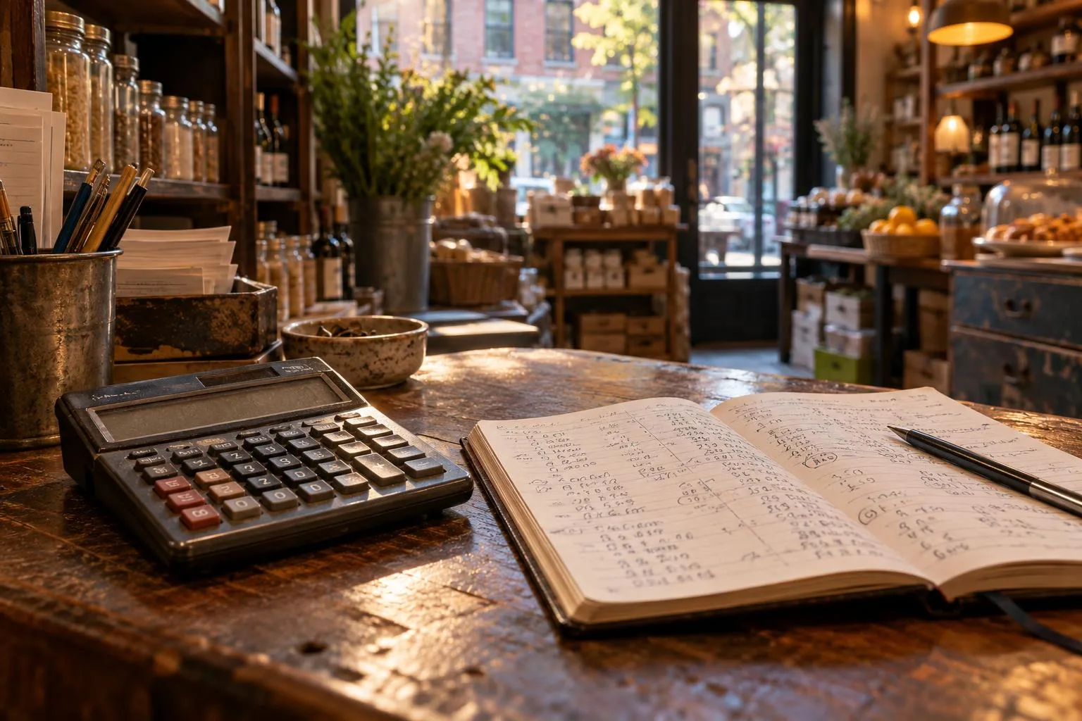 A neighborhood shop counter with a calculator and notebook labeled \u201cTribeca Group offer comparison.\u201d.