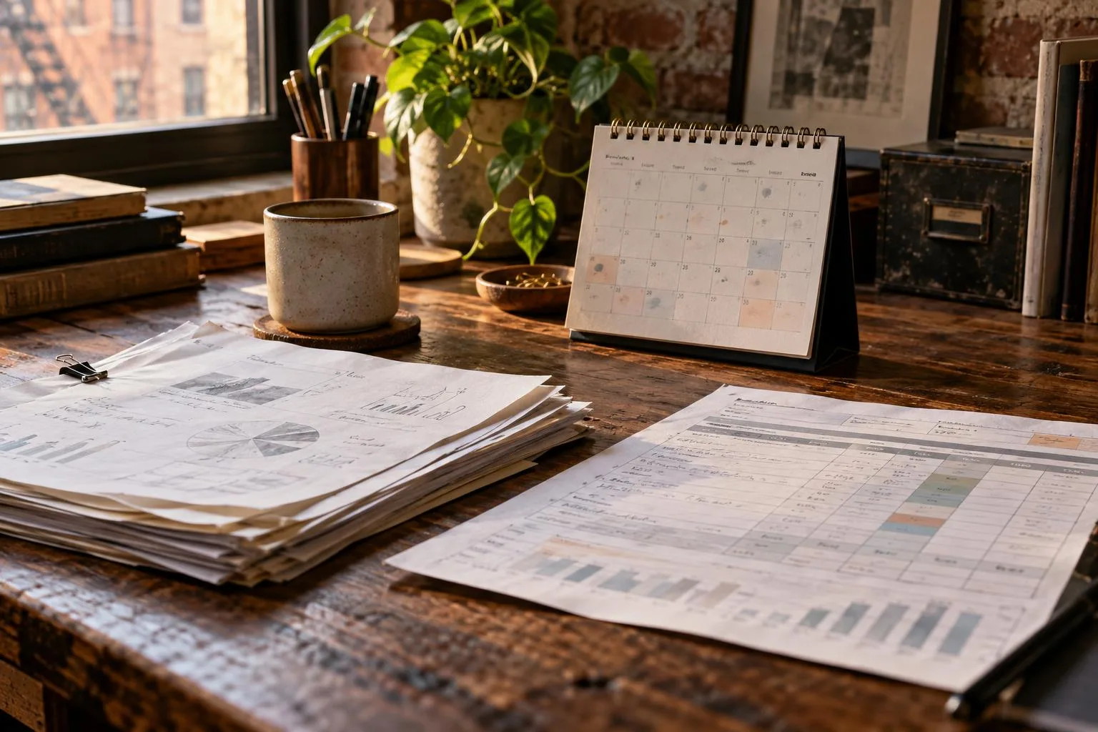 A desk calendar beside Tribeca Group research notes and a small business cash flow worksheet.
