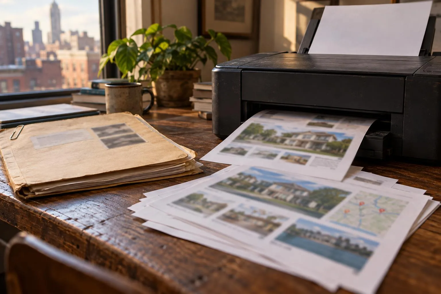 A home printer holding Tribeca Group website printouts beside a folder labeled \u201cClaims to verify.\u201d.