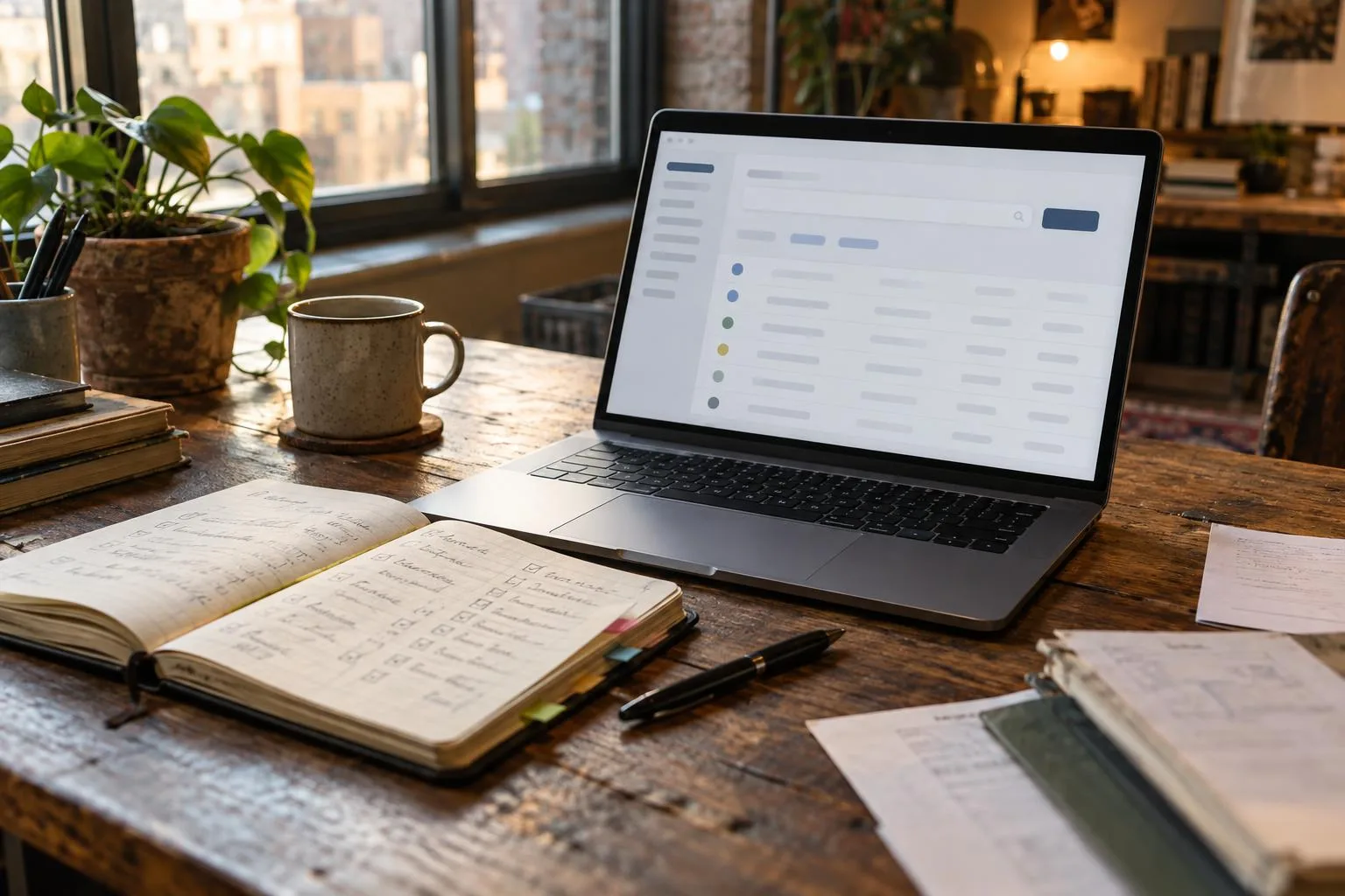 A laptop displaying New York business entity searches beside a notebook labeled \u201cTribeca Group registration check.\u201d.