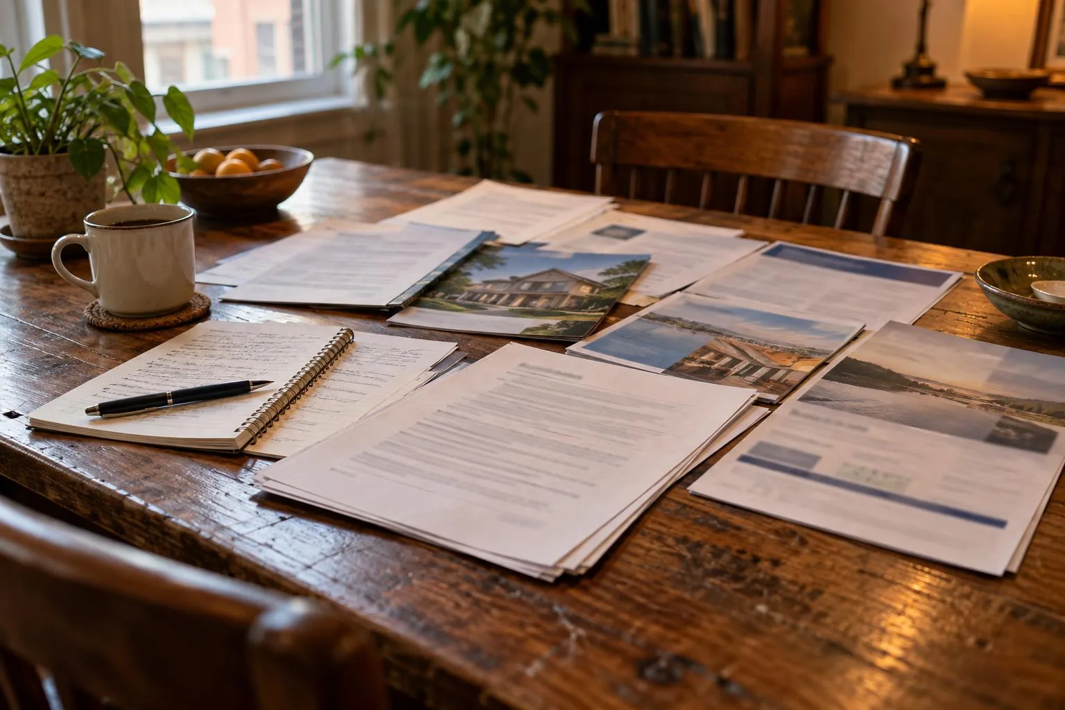 A dining table with Tribeca Group research notes, competing financing brochures, and an unsigned agreement.
