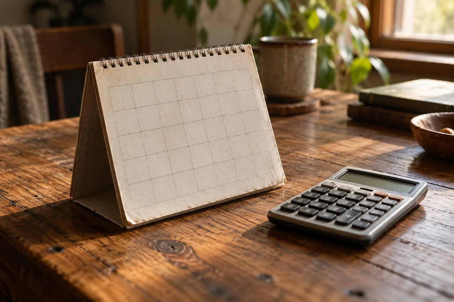 A paper calendar beside a pocket calculator, representing payments spread over months.