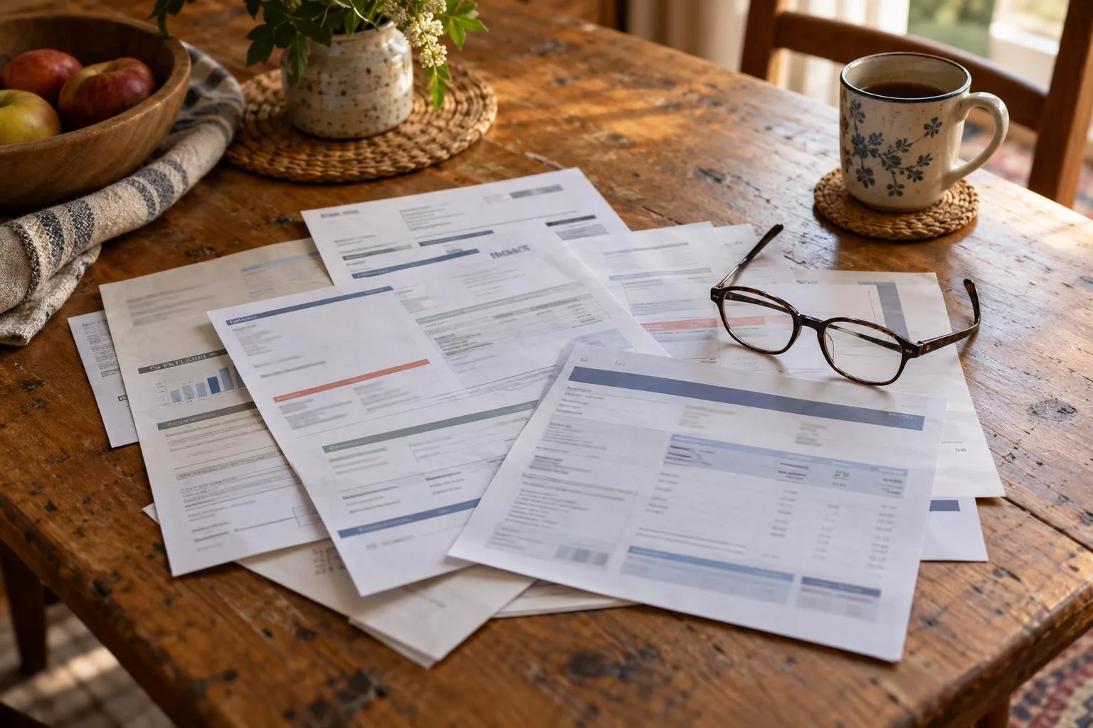 Flat-lay of medical billing statements and reading glasses on a kitchen table.