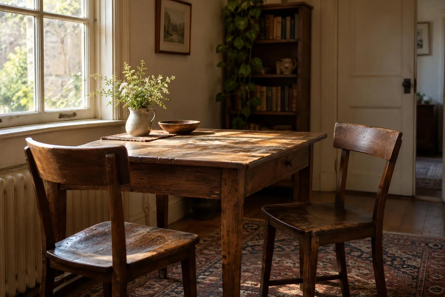 An empty meeting room with two wooden chairs and a table by a bright window.
