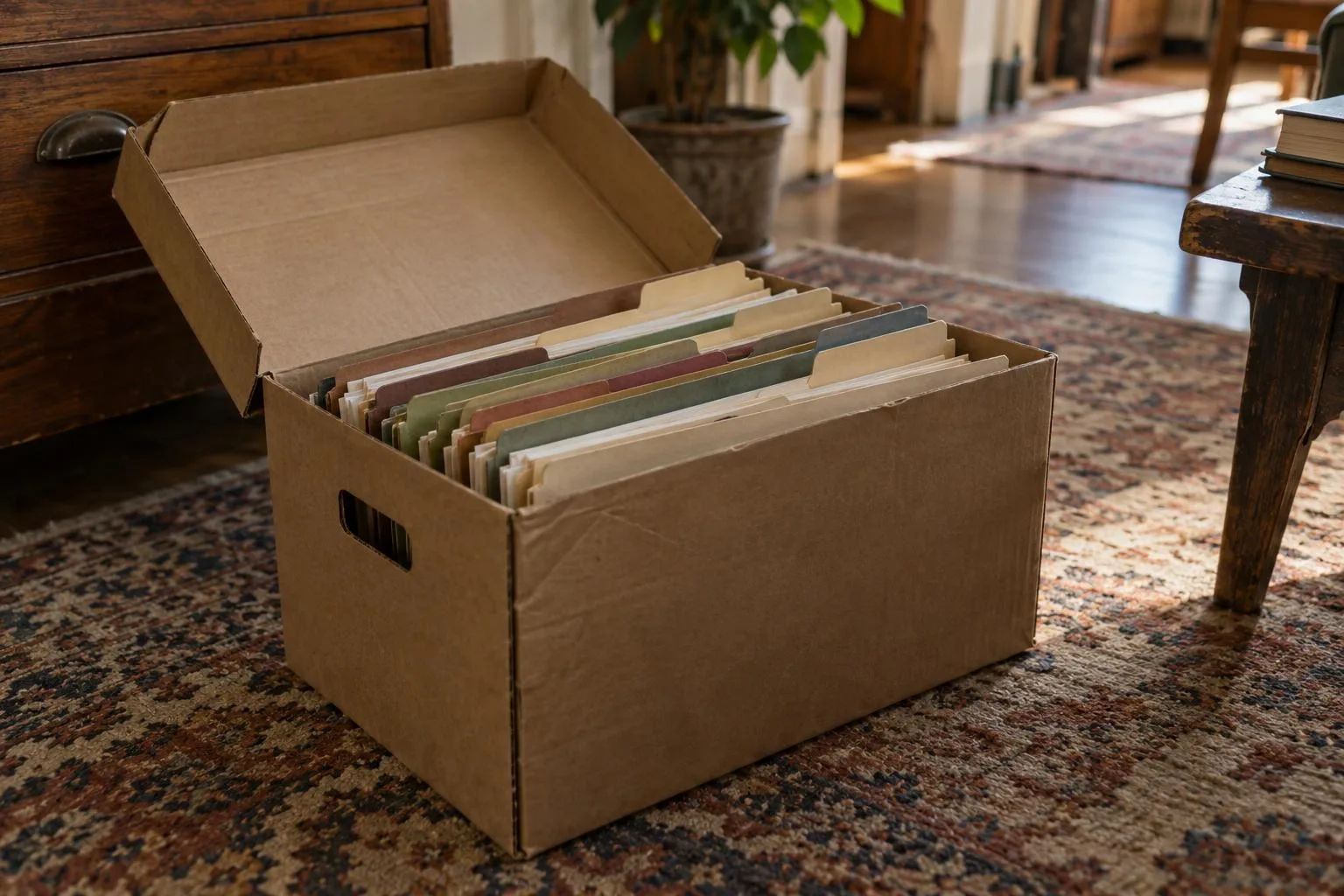 A household filing box with labelled folders open on a rug.