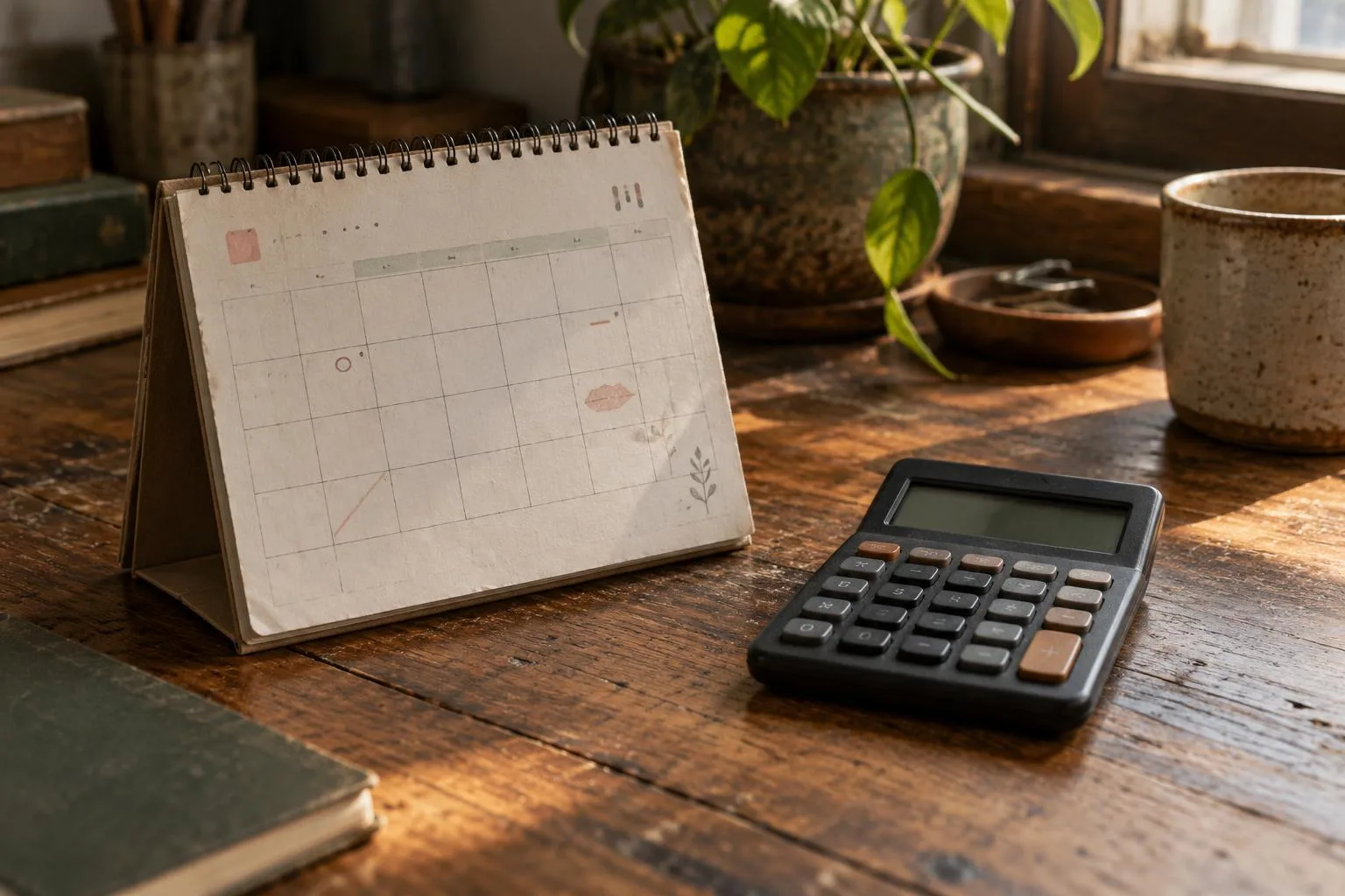 A paper calendar beside a pocket calculator, representing payments spread over months.