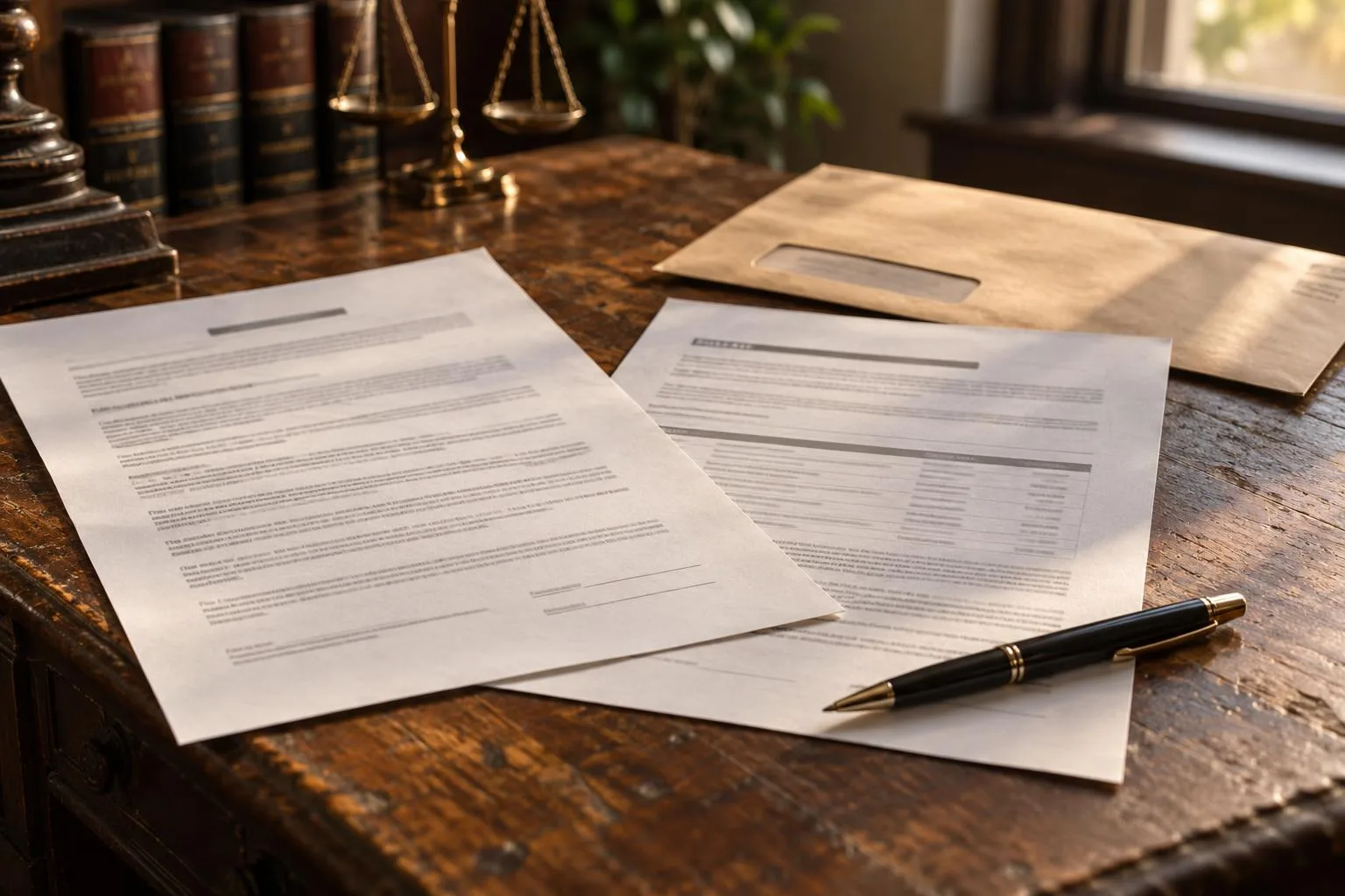 Attorney fee contract, settlement funding disclosure, and pen resting beside a courthouse envelope.