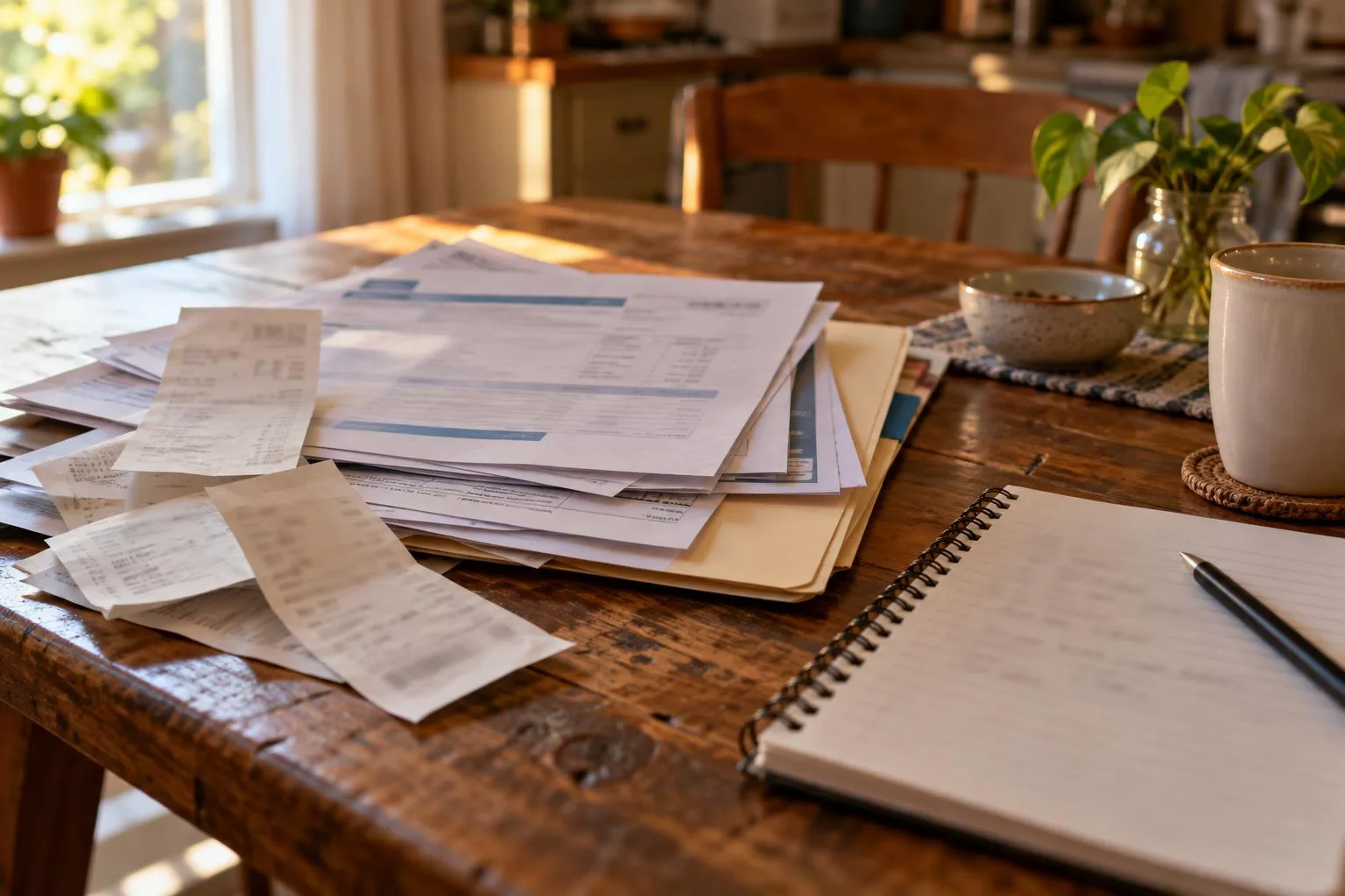 Hospital invoices, pharmacy receipts, and an insurance claim folder stacked near a household budget notebook.
