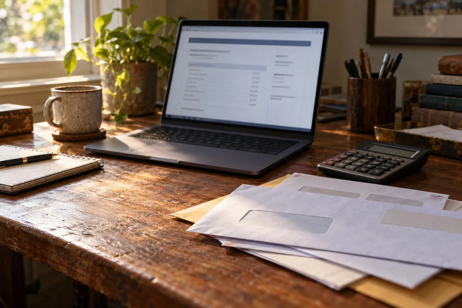 Laptop displaying settlement funding repayment terms beside a calculator and unopened legal correspondence.