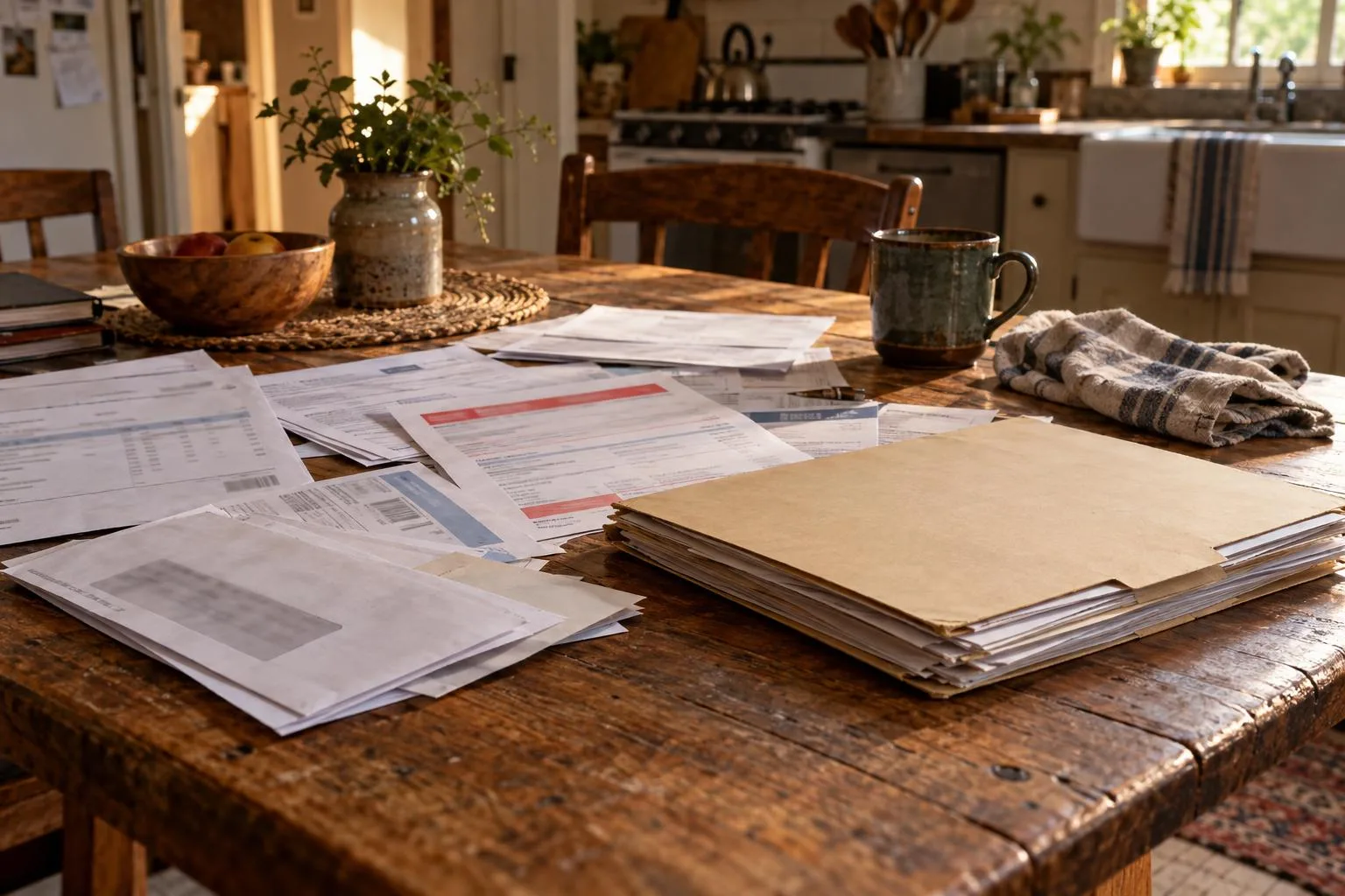 Kitchen table with rent notices, utility bills, and a personal injury settlement file.