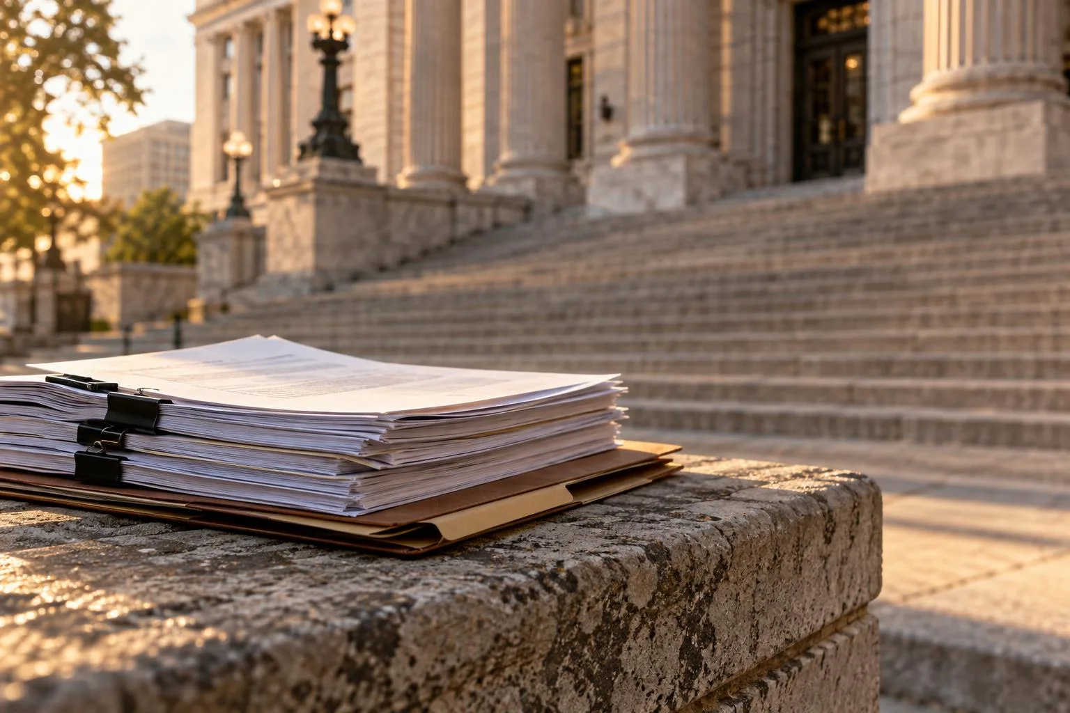 Courthouse exterior with steps, legal documents, and a labeled settlement funding folder in foreground.