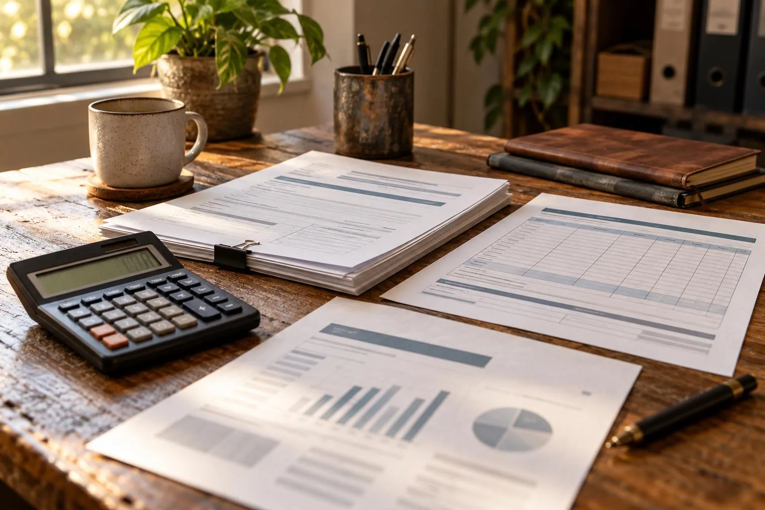 Calculator beside projected settlement amount, funding advance paperwork, and repayment schedule on a desk.
