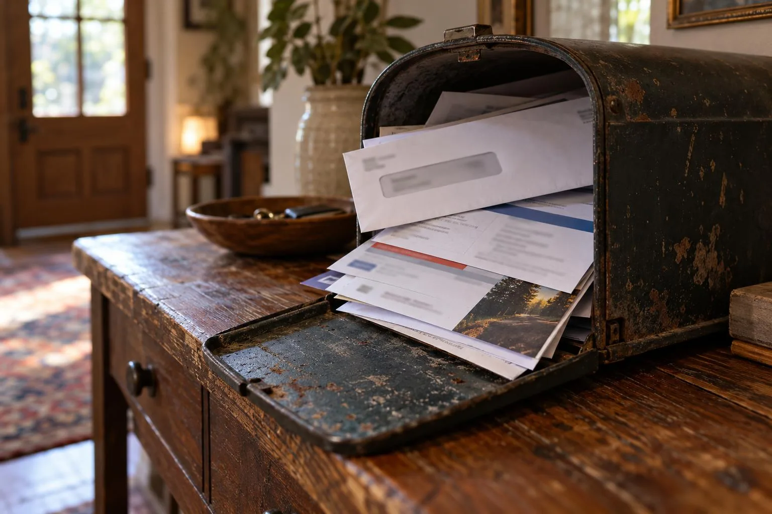 Mailbox containing insurance correspondence, medical billing statements, and a settlement funding advertisement.