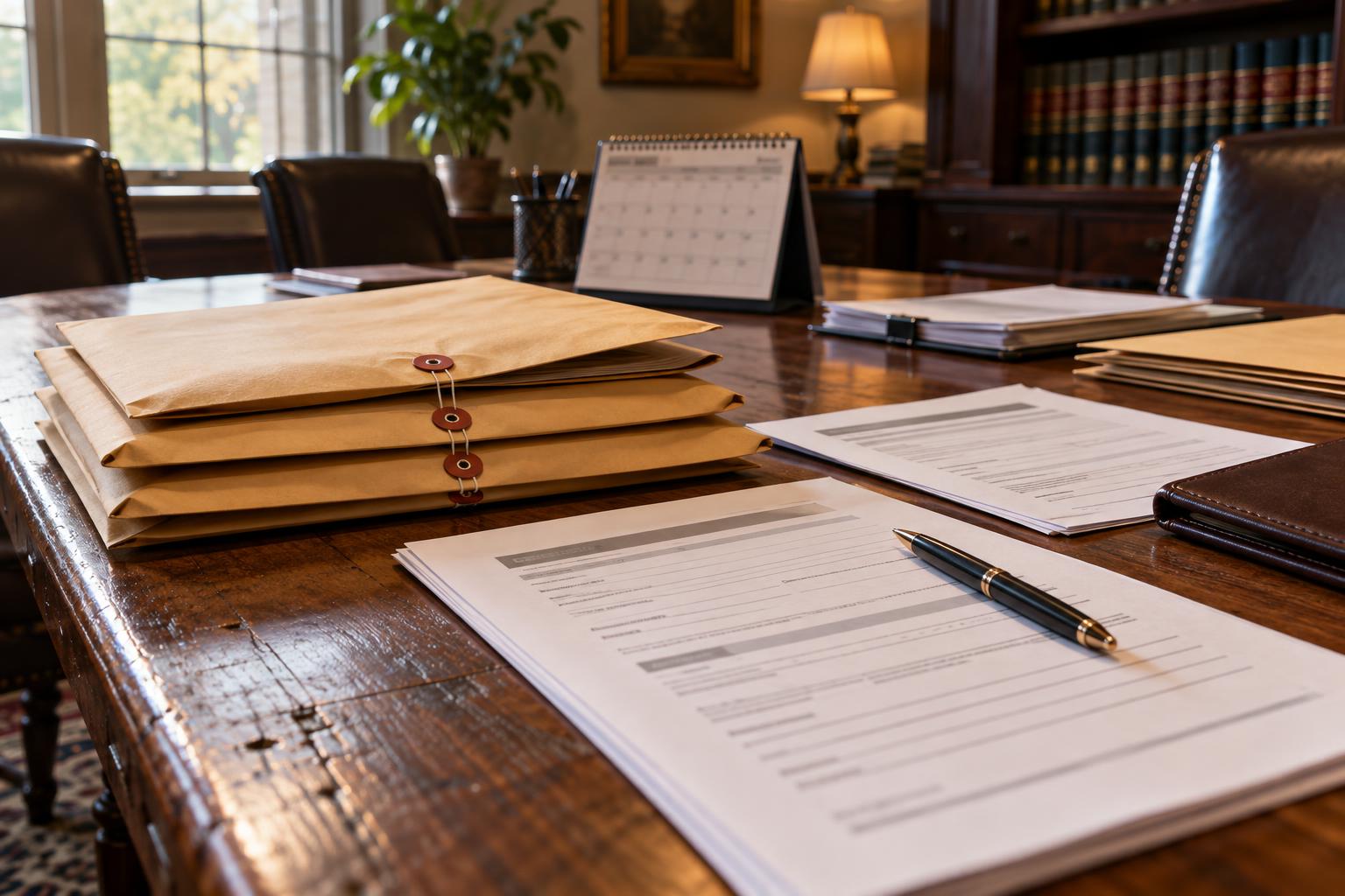 Law office conference room with sealed settlement documents, calendar, and buyout disclosure forms.