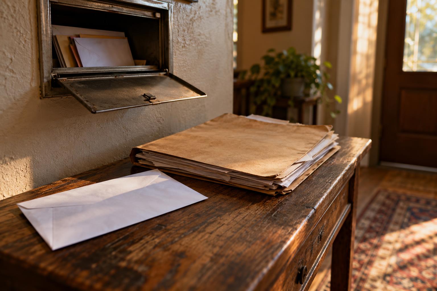 Mailbox containing a pre-settlement funding contract envelope beside a pending lawsuit case file.