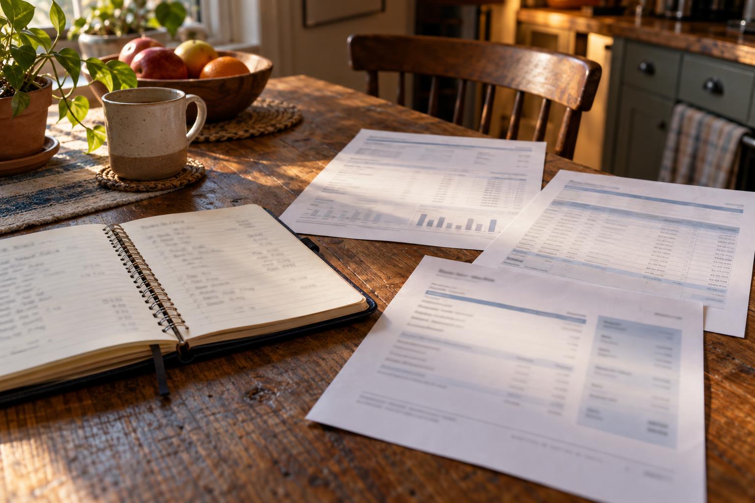 Bank statement, settlement estimate, and repayment schedule arranged near a household budget notebook.