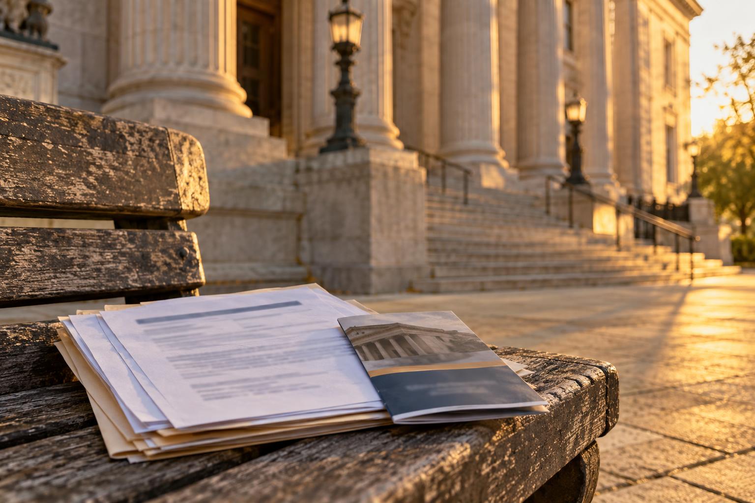 Courthouse exterior with legal paperwork and a pre-settlement funding brochure on a nearby bench.