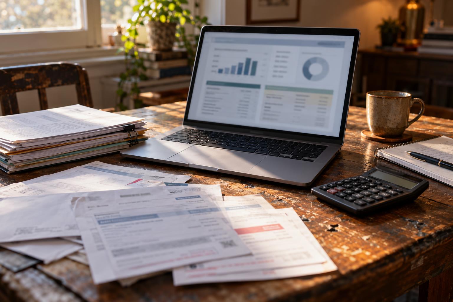 Laptop displaying settlement funding terms beside calculator, loan documents, and unpaid medical bills.