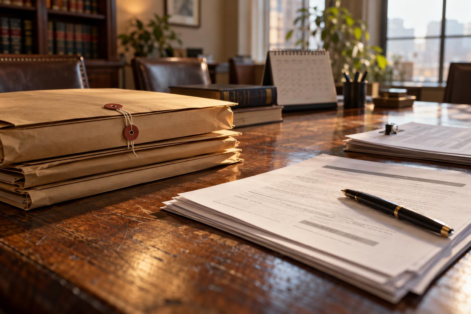 Law office conference room with sealed settlement documents, calendar, and buyout disclosure forms.