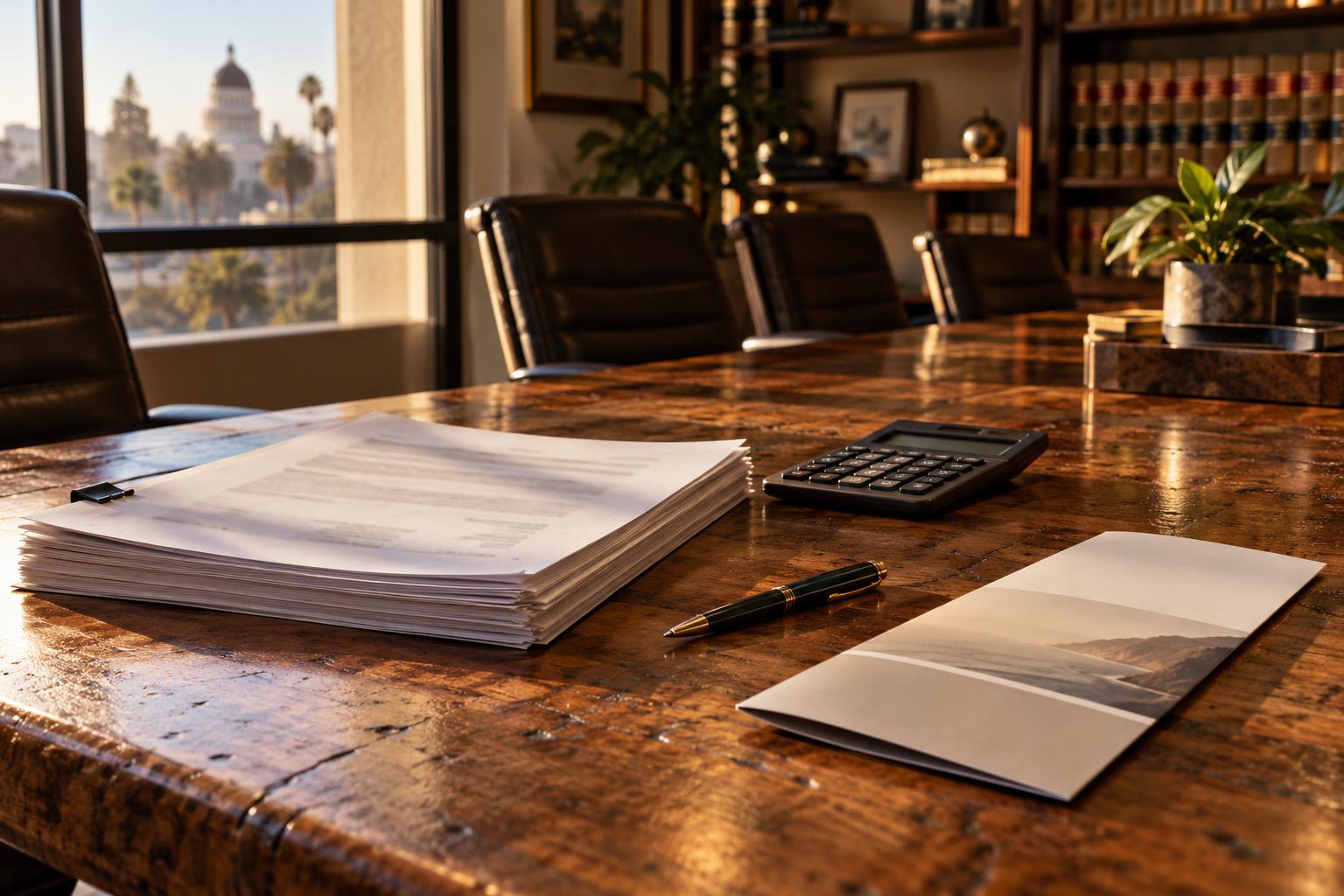 Law office conference room with California legal documents, calculator, and unopened settlement funding brochure.