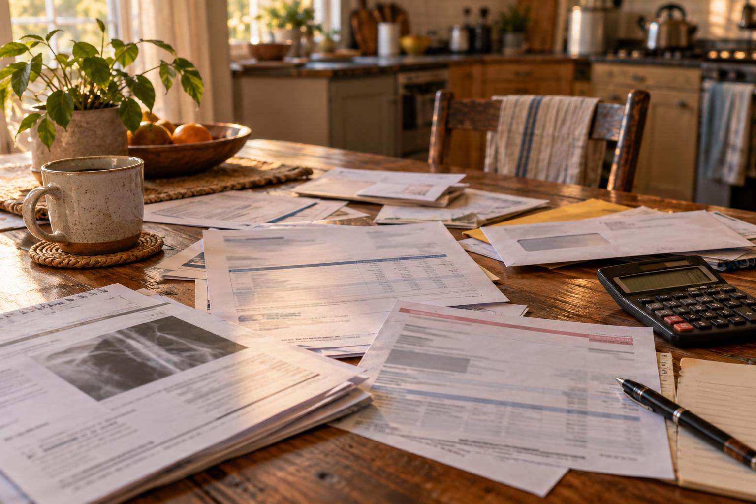 Kitchen table displaying medical bills, accident paperwork, calculator, and California settlement correspondence.