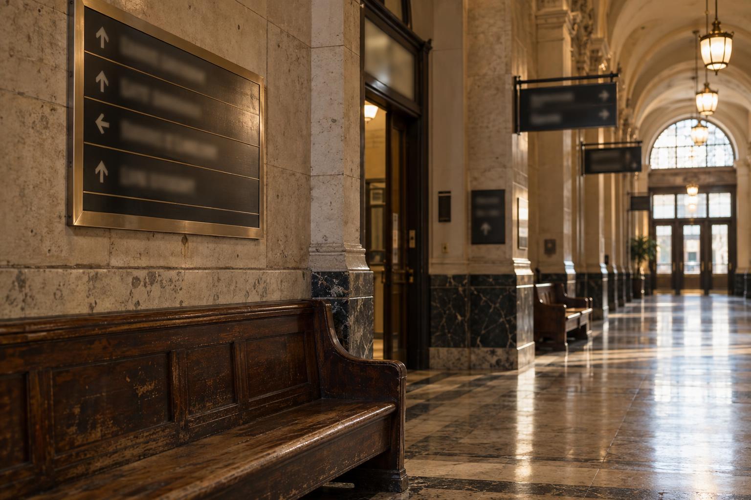 Los Angeles courthouse hallway with directional signs for civil litigation and county offices.