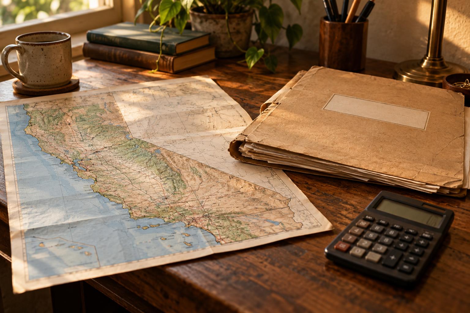 California map beside a folder labeled pre-settlement funding and a calculator on a home desk.