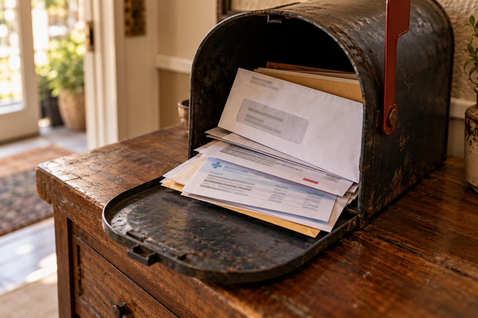 Mailbox containing legal correspondence, medical invoices, and a settlement funding information packet.