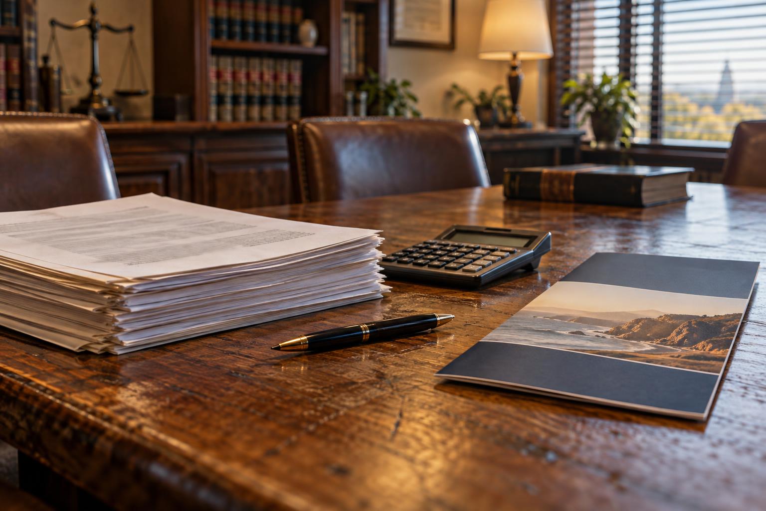 Law office conference room with California legal documents, calculator, and unopened settlement funding brochure.