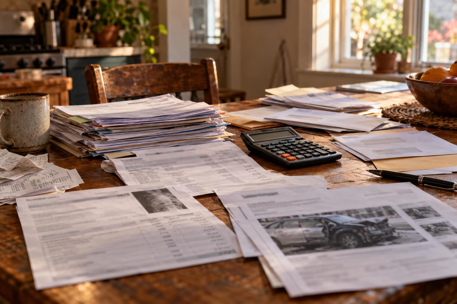 Kitchen table displaying medical bills, accident paperwork, calculator, and California settlement correspondence.