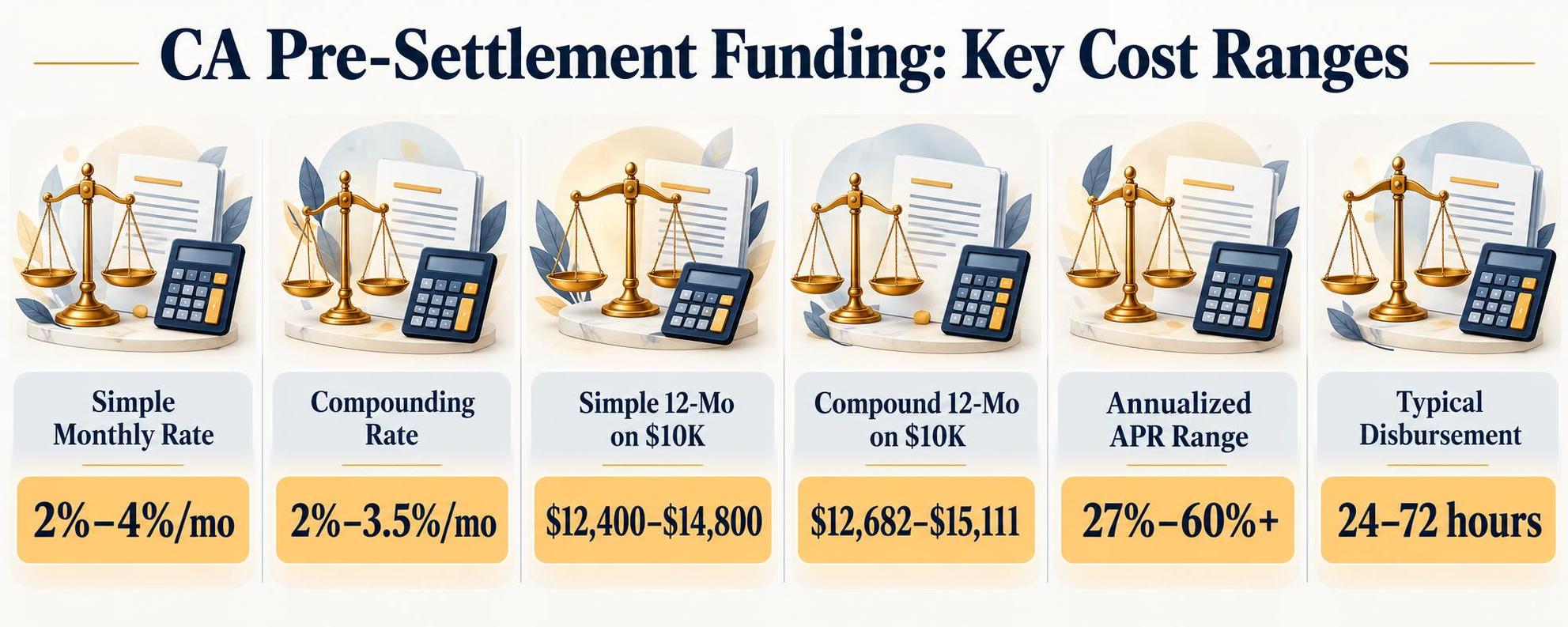 CA Pre-Settlement Funding: Key Cost Ranges — summarised in one graphic