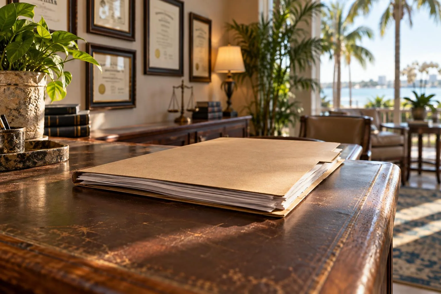 Sunlit Florida attorneyu2019s office lobby featuring a settlement document folder and framed legal certificates.