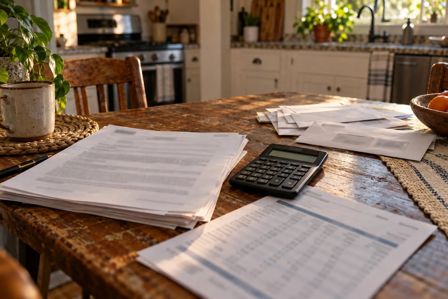 Kitchen table with Florida lawsuit paperwork, calculator, calculator-generated budget, and unopened household bills.