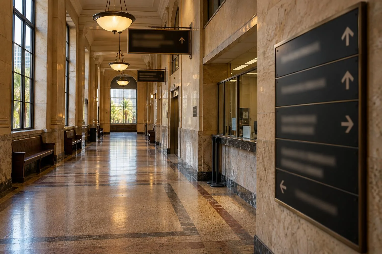 Miami-Dade County courthouse hallway displaying directional signs for civil courtrooms and clerk services.