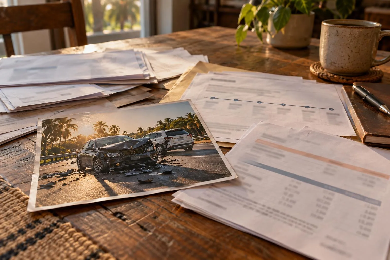 Florida highway accident scene photograph beside medical invoices, insurance correspondence, and a settlement timeline.