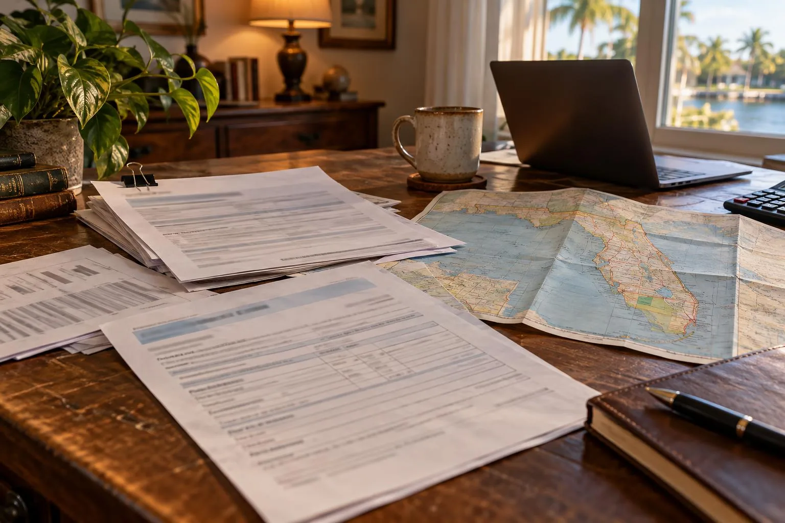 Home office desk showing structured settlement documents, funding disclosures, and a Florida map.