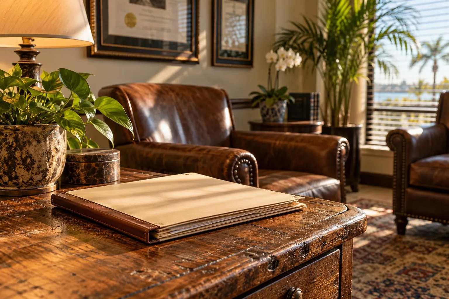Sunlit Florida attorneyu2019s office lobby featuring a settlement document folder and framed legal certificates.