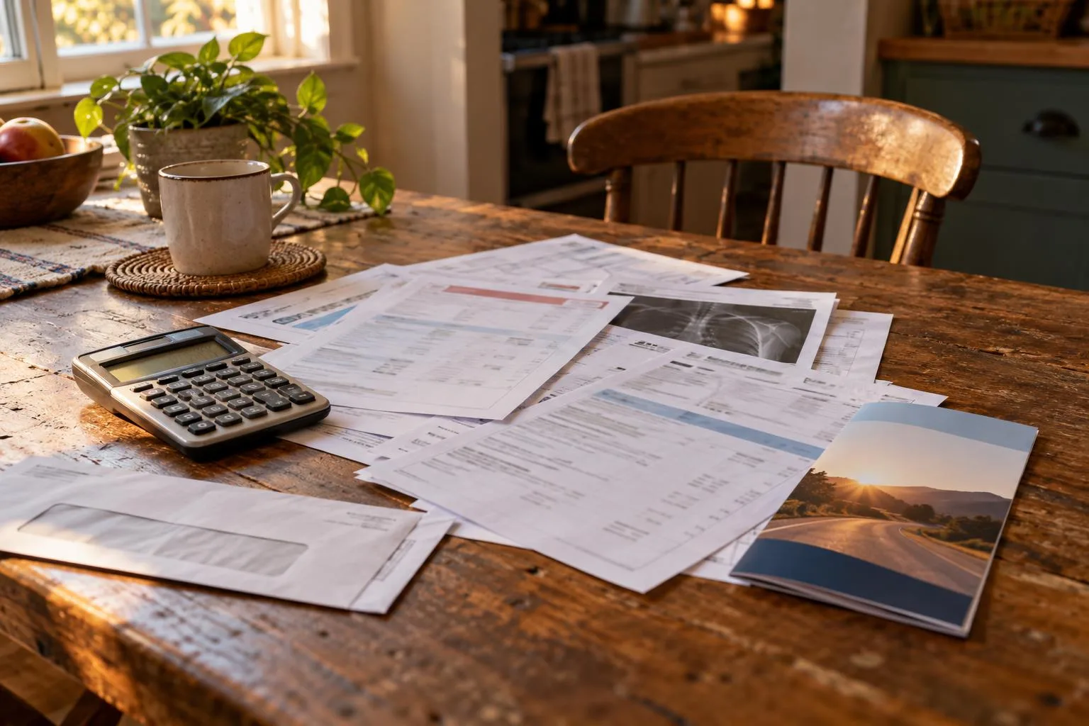 Kitchen table with medical bills, accident paperwork, calculator, and a brochure labeled “Pre-Settlement Funding”.