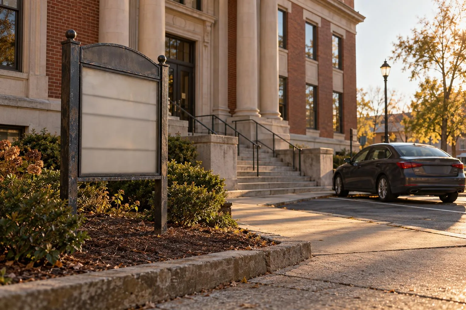 Suburban courthouse exterior beside a sign reading “Personal Injury Case Information” and a parked car.